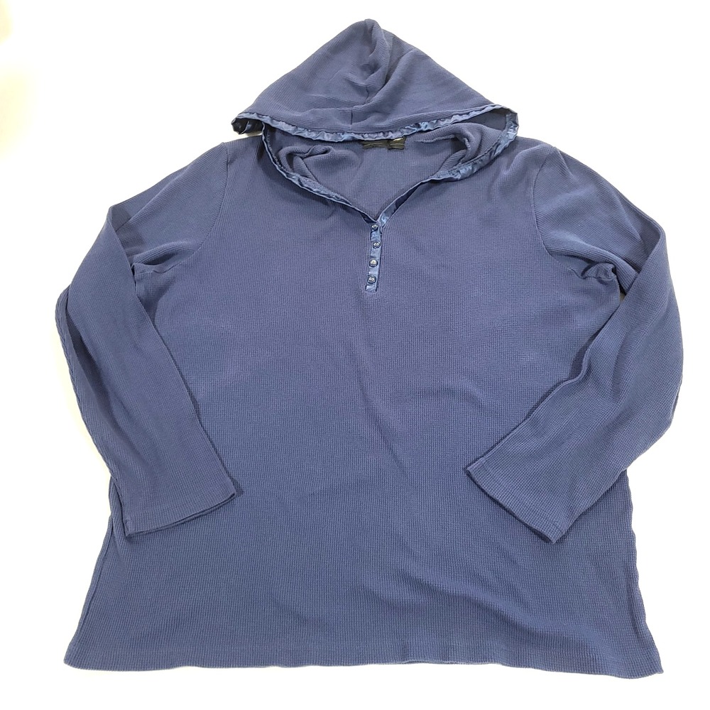 Waffle Knit Henley Satin Edge Hoodie Bobbie Brooks 2XL Blue Y2K preppy